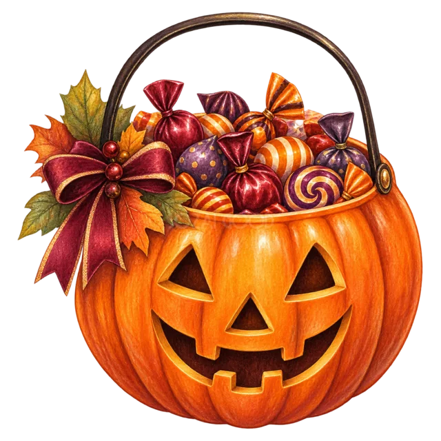 お菓子を詰めたジャックオランタンのハロウィンバケツ（背景透過PNG）