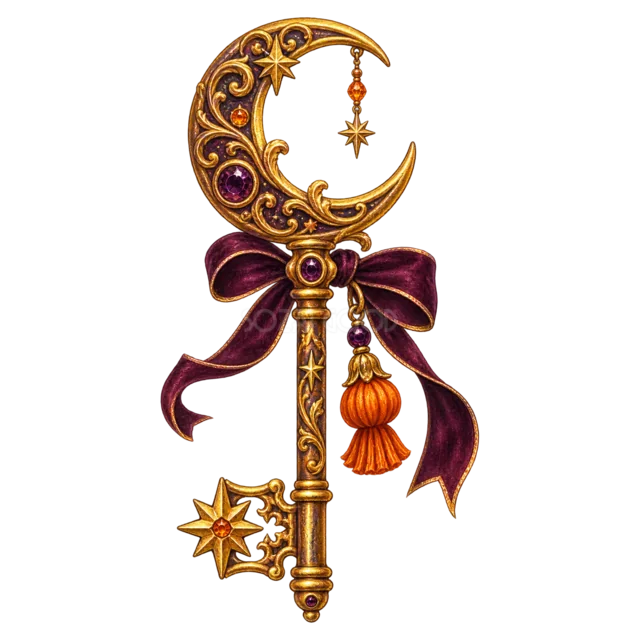 三日月・星・かぼちゃを飾ったアンティークな魔法の鍵（背景透過PNG）