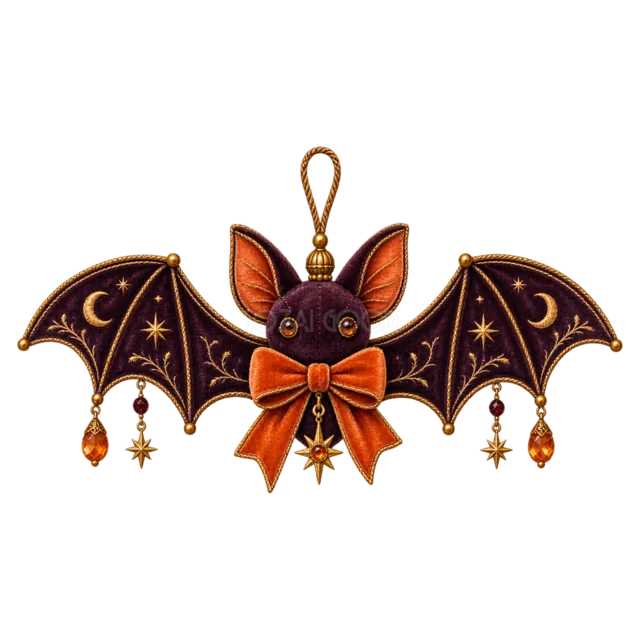 紫リボンと宝石を飾ったコウモリのハロウィンオーナメント（背景透過PNG）