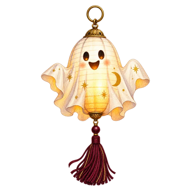 白いおばけをかたどった光るハロウィンランタン（背景透過PNG）