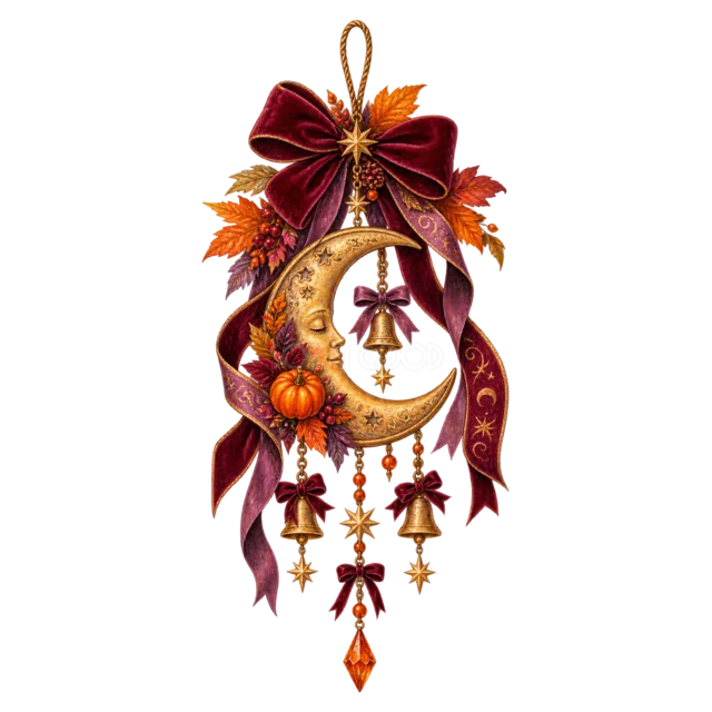 三日月・星・かぼちゃを吊るしたハロウィンモビール（背景透過PNG）