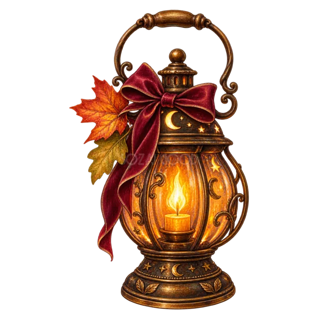 紅葉と紫リボンを飾ったアンティークランタン（背景透過PNG）