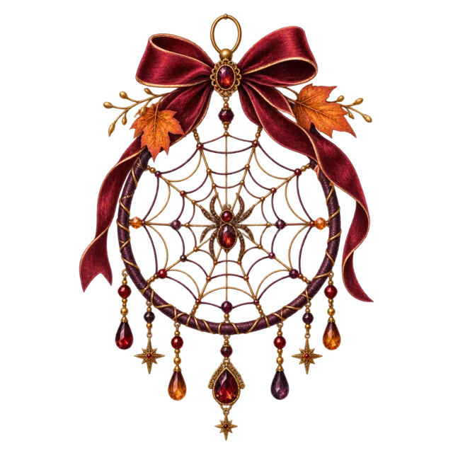 クモの巣と宝石を飾ったハロウィンドリームキャッチャー（背景透過PNG）