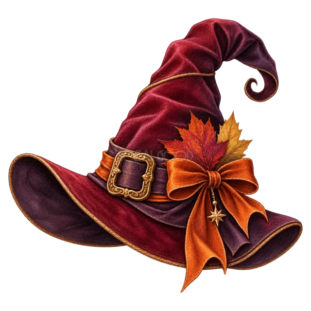 紅葉とオレンジリボンを飾った紫色の魔女帽子（背景透過PNG）