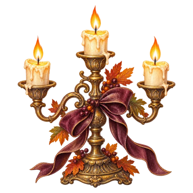 紫リボンと紅葉を飾った3本立てアンティーク燭台（背景透過PNG）
