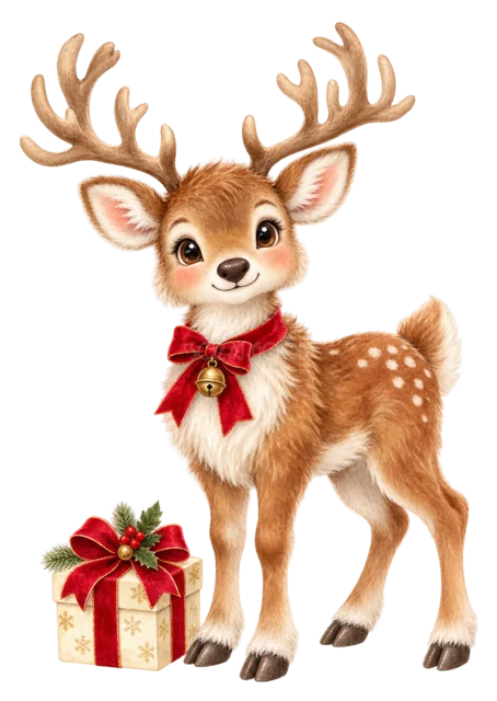 プレゼントを持つ子鹿を描いた水彩絵本タッチのクリスマス動物イラスト