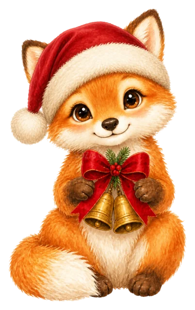 ベルを持つきつねを描いた水彩絵本タッチのクリスマス動物イラスト