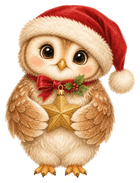 星を持つフクロウを描いた水彩絵本タッチのクリスマス動物イラスト