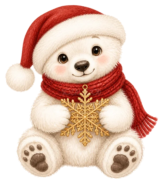 雪の結晶を持つ白くまを描いた水彩絵本タッチのクリスマス動物イラスト
