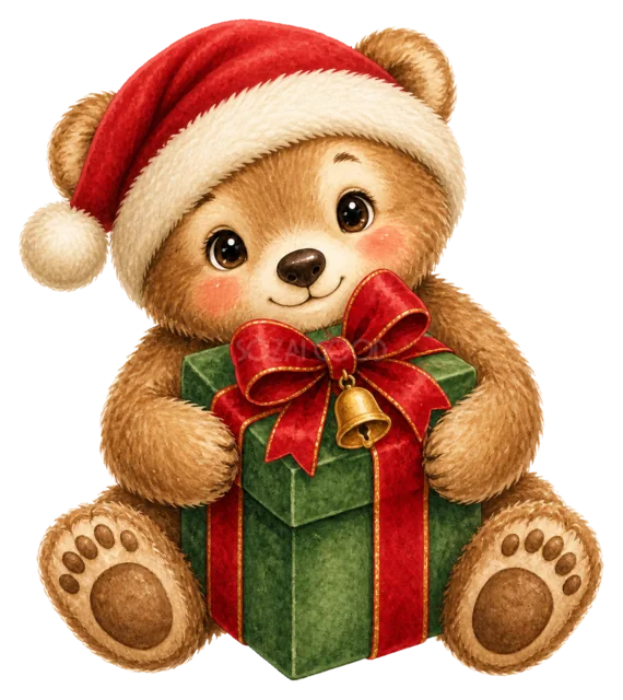 プレゼントを抱く子ぐまを描いた水彩絵本タッチのクリスマス動物イラスト