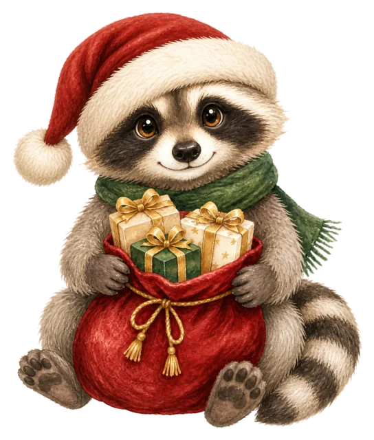 ギフト袋を持つアライグマを描いた水彩絵本タッチのクリスマス動物イラスト