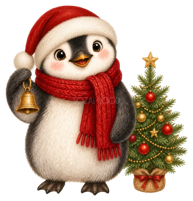 ベルとツリーを飾るペンギンを描いた水彩絵本タッチのクリスマス動物イラスト