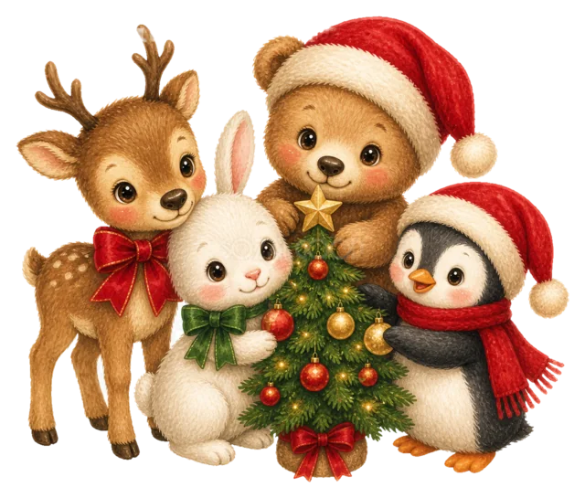 ツリーを囲む森の動物たちを描いた水彩絵本タッチのクリスマス動物イラスト