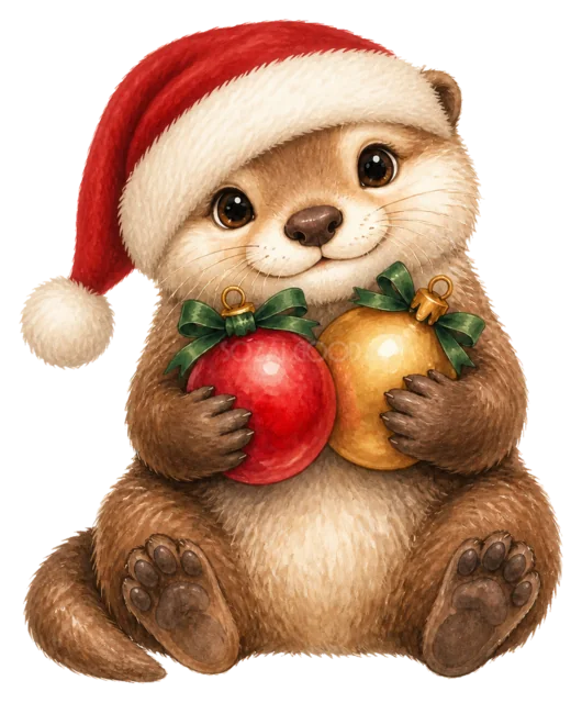 オーナメントを飾るカワウソを描いた水彩絵本タッチのクリスマス動物イラスト
