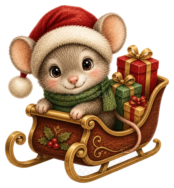 プレゼントのそりに乗るネズミを描いた水彩絵本タッチのクリスマス動物イラスト
