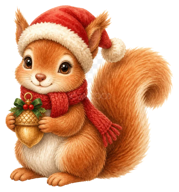 木の実を持つリスを描いた水彩絵本タッチのクリスマス動物イラスト