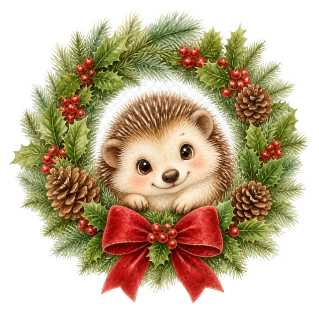 リースから顔を出すハリネズミを描いた水彩絵本タッチのクリスマス動物イラスト