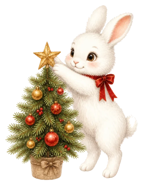 ツリーを飾るうさぎを描いた水彩絵本タッチのクリスマス動物イラスト
