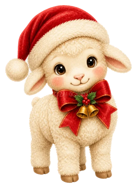ベルを持つ子羊を描いた水彩絵本タッチのクリスマス動物イラスト