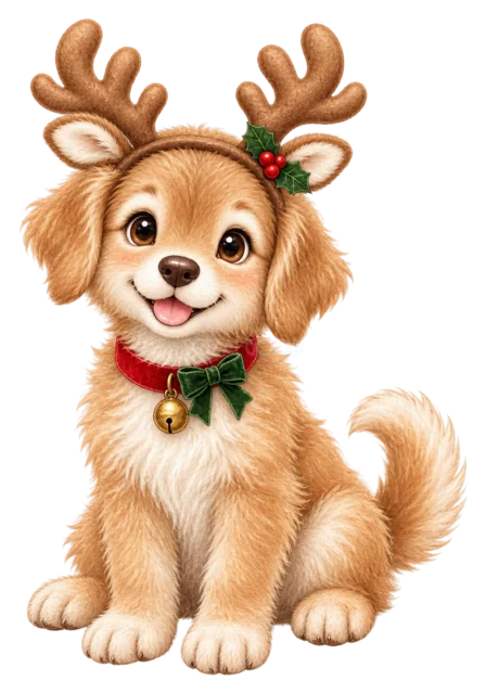 トナカイの角を着けた子犬を描いた水彩絵本タッチのクリスマス動物イラスト