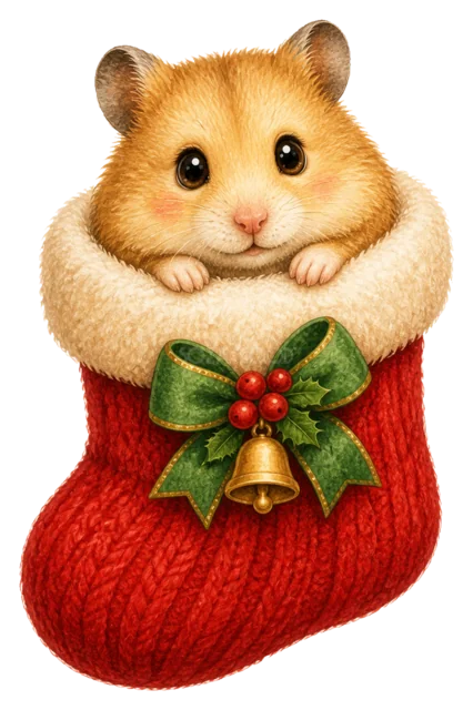 靴下に入ったハムスターを描いた水彩絵本タッチのクリスマス動物イラスト