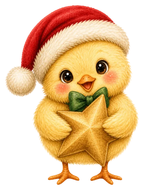 星を持つひよこを描いた水彩絵本タッチのクリスマス動物イラスト