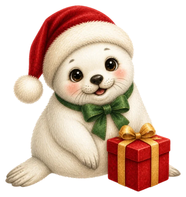 プレゼントを抱くアザラシを描いた水彩絵本タッチのクリスマス動物イラスト