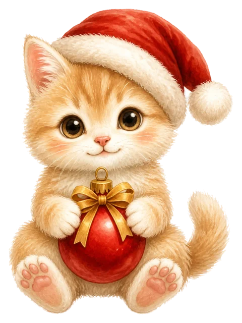 オーナメントを持つ子猫を描いた水彩絵本タッチのクリスマス動物イラスト
