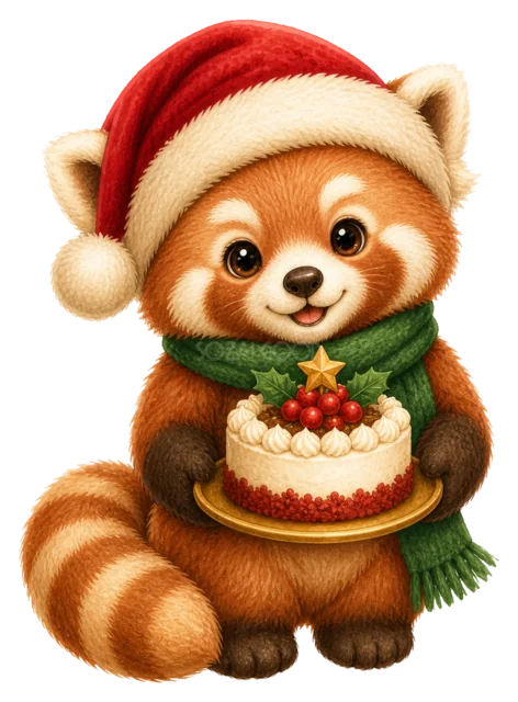 ケーキを運ぶレッサーパンダを描いた水彩絵本タッチのクリスマス動物イラスト