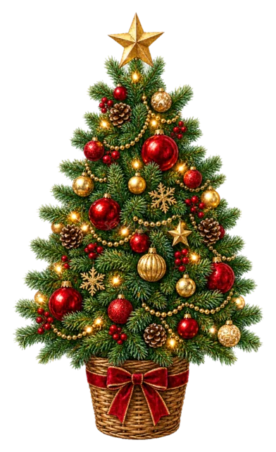 飾り付きクリスマスツリーを描いた水彩絵本タッチのクリスマス小物イラスト