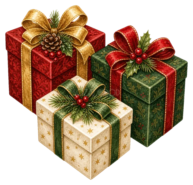 リボン付きプレゼント箱を描いた水彩絵本タッチのクリスマス小物イラスト