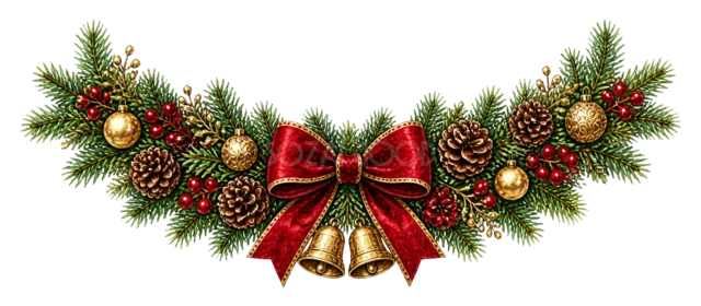 ベル付きもみの枝ガーランドを描いた水彩絵本タッチのクリスマス小物イラスト