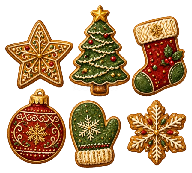 星形のクリスマスクッキーを描いた水彩絵本タッチのクリスマス小物イラスト