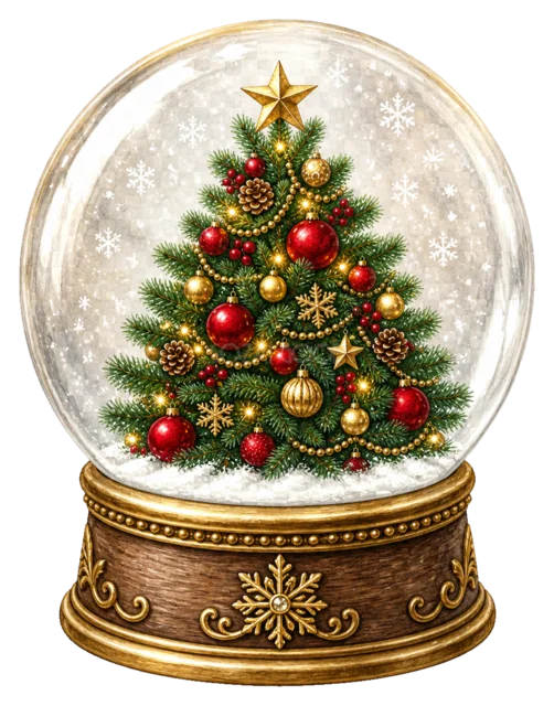 ツリーのスノードームを描いた水彩絵本タッチのクリスマス小物イラスト
