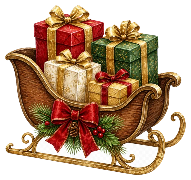 プレゼントを載せたそりを描いた水彩絵本タッチのクリスマス小物イラスト