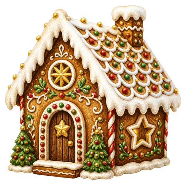 ジンジャーブレッドハウスを描いた水彩絵本タッチのクリスマス小物イラスト