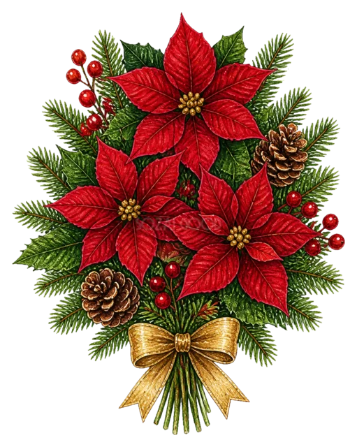 ポインセチアの花束を描いた水彩絵本タッチのクリスマス小物イラスト
