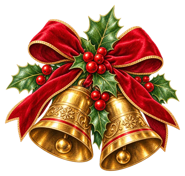 赤いリボンのベルを描いた水彩絵本タッチのクリスマス小物イラスト