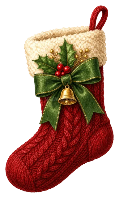 赤い靴下とベルを描いた水彩絵本タッチのクリスマス小物イラスト