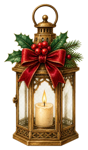 キャンドル入りランタンを描いた水彩絵本タッチのクリスマス小物イラスト
