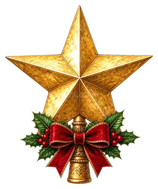金色の星とベルを描いた水彩絵本タッチのクリスマス小物イラスト