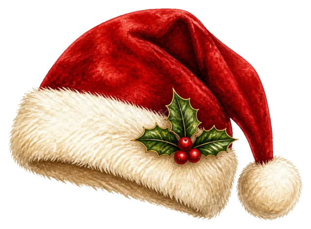サンタ帽を描いた水彩絵本タッチのクリスマス小物イラスト