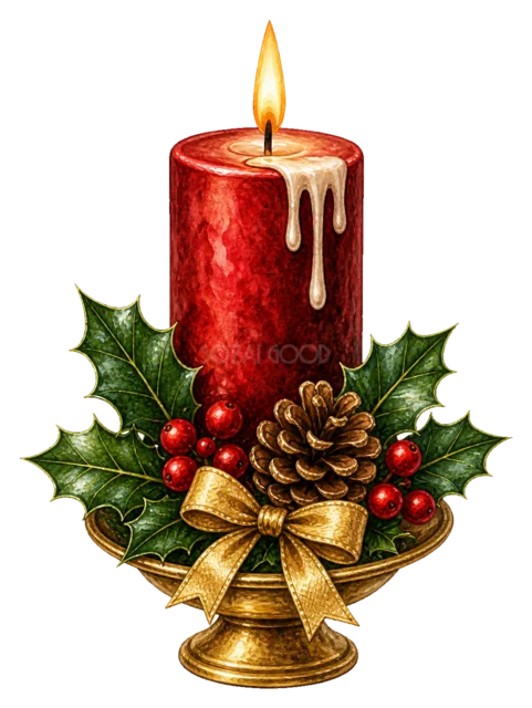 ヒイラギを添えたキャンドルを描いた水彩絵本タッチのクリスマス小物イラスト