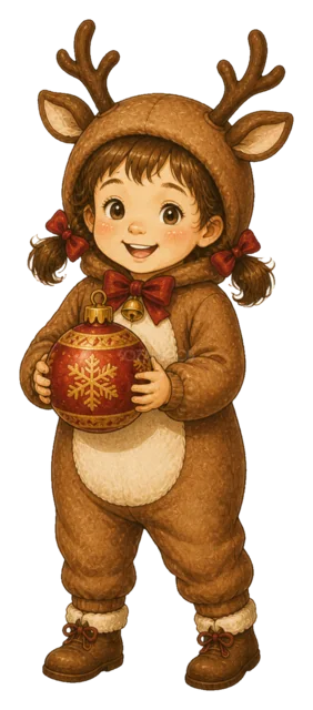 トナカイ衣装でプレゼントを持つ子どもを描いた水彩絵本タッチの子どものクリスマスイラスト