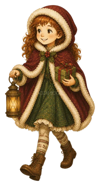 ランタンを持つ女の子を描いた水彩絵本タッチの子どものクリスマスイラスト