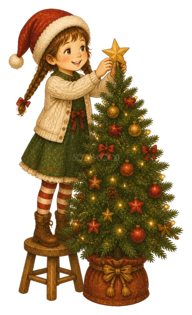 ツリーを飾る女の子を描いた水彩絵本タッチの子どものクリスマスイラスト