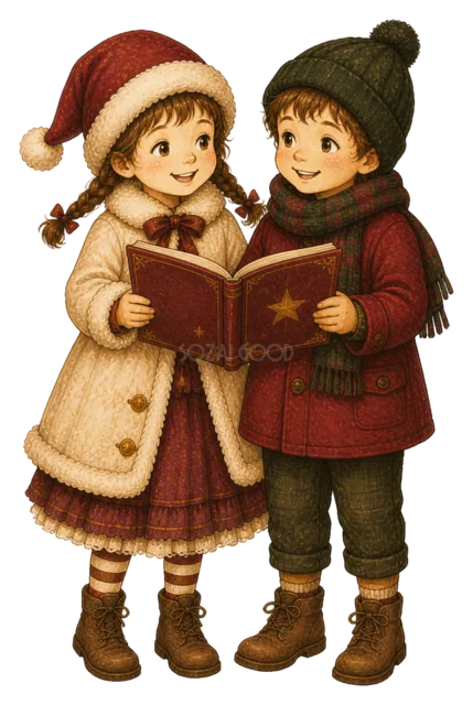歌の本を開く子どもたちを描いた水彩絵本タッチの子どものクリスマスイラスト