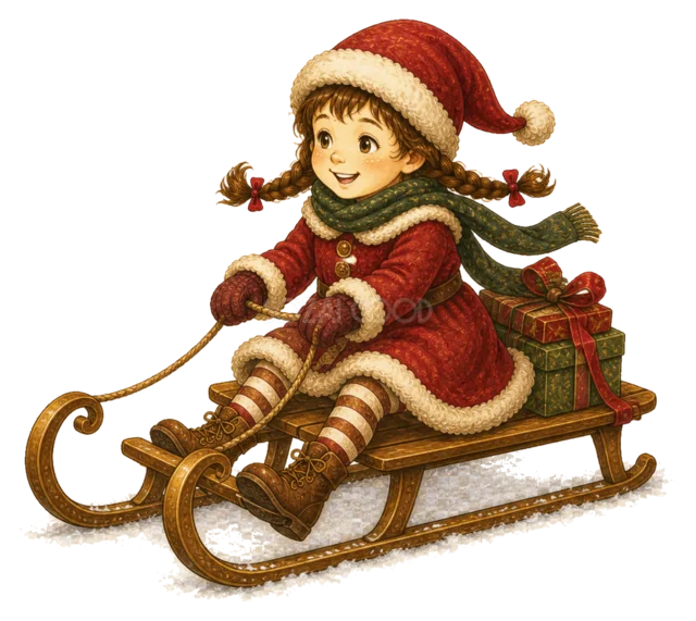 そりで雪遊びする女の子を描いた水彩絵本タッチの子どものクリスマスイラスト