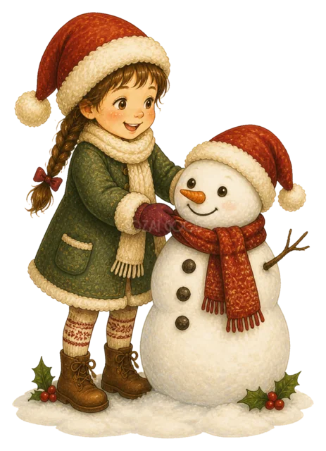 雪だるまを作る女の子を描いた水彩絵本タッチの子どものクリスマスイラスト
