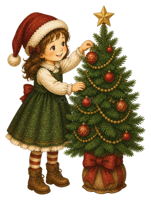 オーナメントを飾る女の子を描いた水彩絵本タッチの子どものクリスマスイラスト